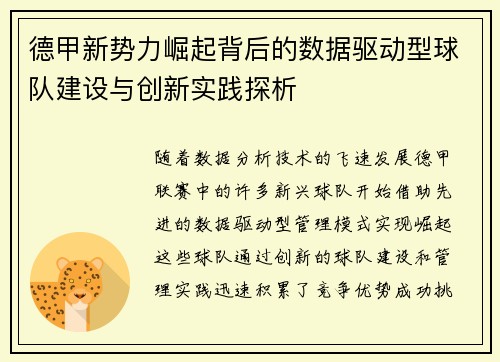德甲新势力崛起背后的数据驱动型球队建设与创新实践探析