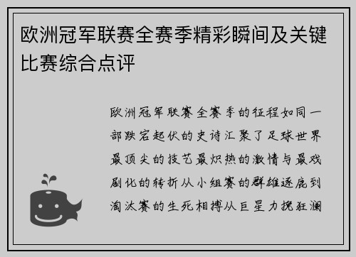 欧洲冠军联赛全赛季精彩瞬间及关键比赛综合点评